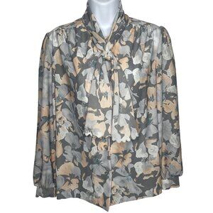 Vintage 70s Graff Secretary Blouse Size S Gray Peach Floral Tie Neck Ascot Bow